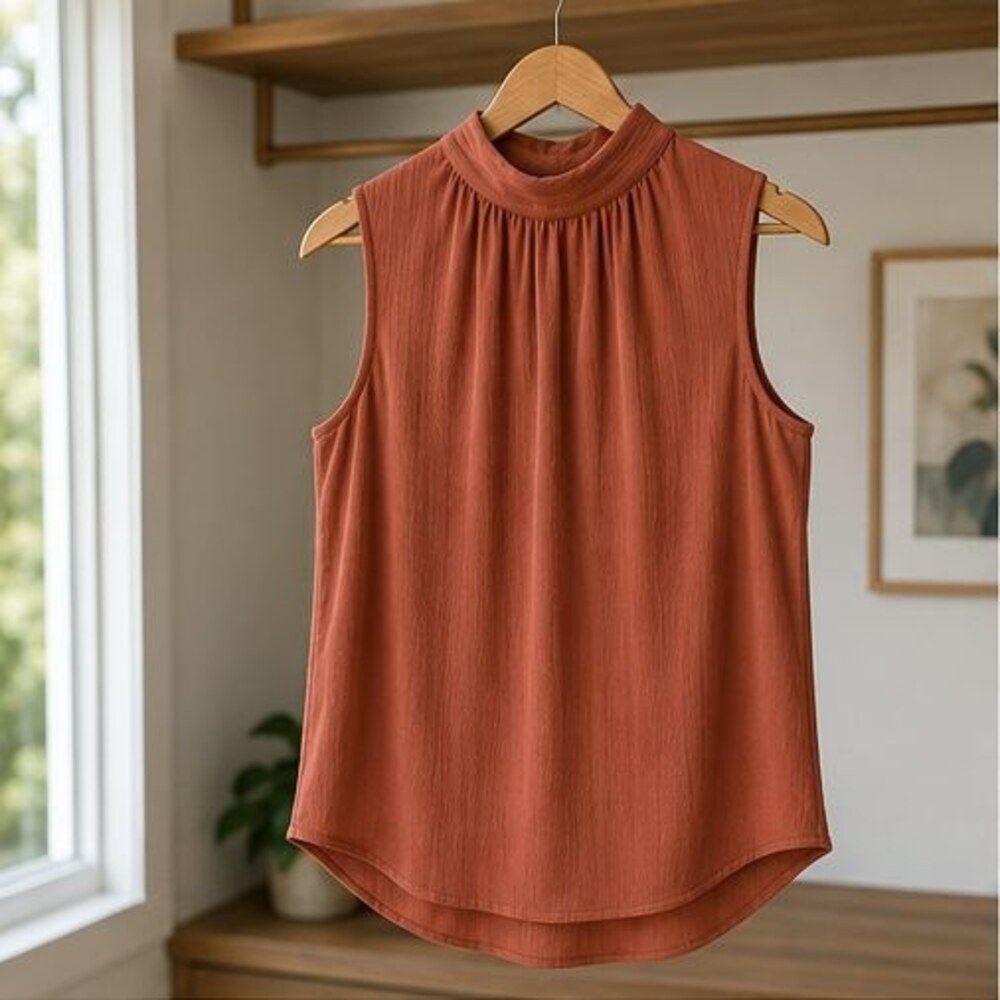 Terracotta Pleated High Neck Blouse